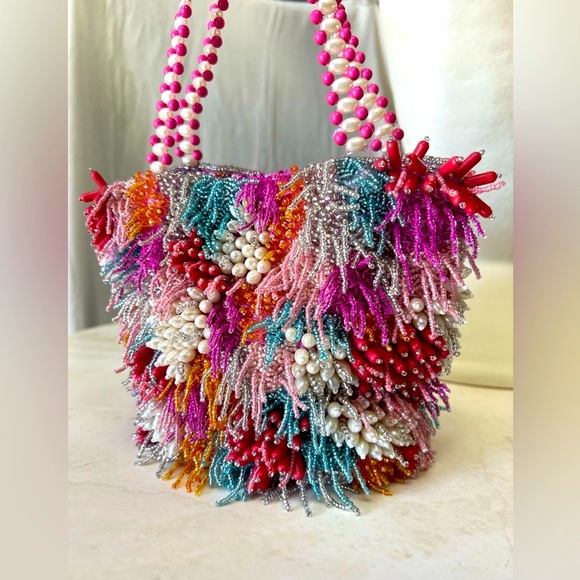 RARE Colorful Beaded Bag w/ Pearl Detail Strap, Anthropology Style, NWT - Picture 5 of 14